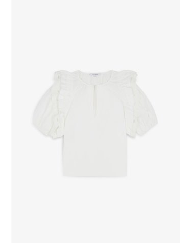 스캘퍼스 자수 러플 퍼프 소매 블라우스 58429 OFF WHITE