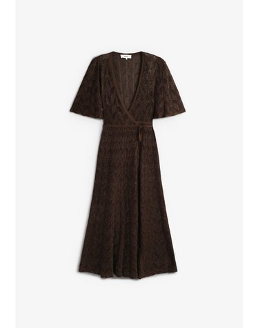 바쉬 자카드 브이넥 플레어 미디 원피스 68455 DARK BROWN