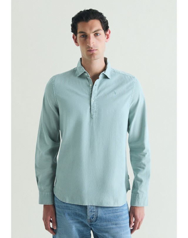 스칼퍼스 스캘퍼스 린넨 혼방 레귤러핏 긴팔 폴로 셔츠 65534-scnew-polera-se-colors-shirt-ss26-lightduck LIGHT DUCK 밝은연두 착용컷