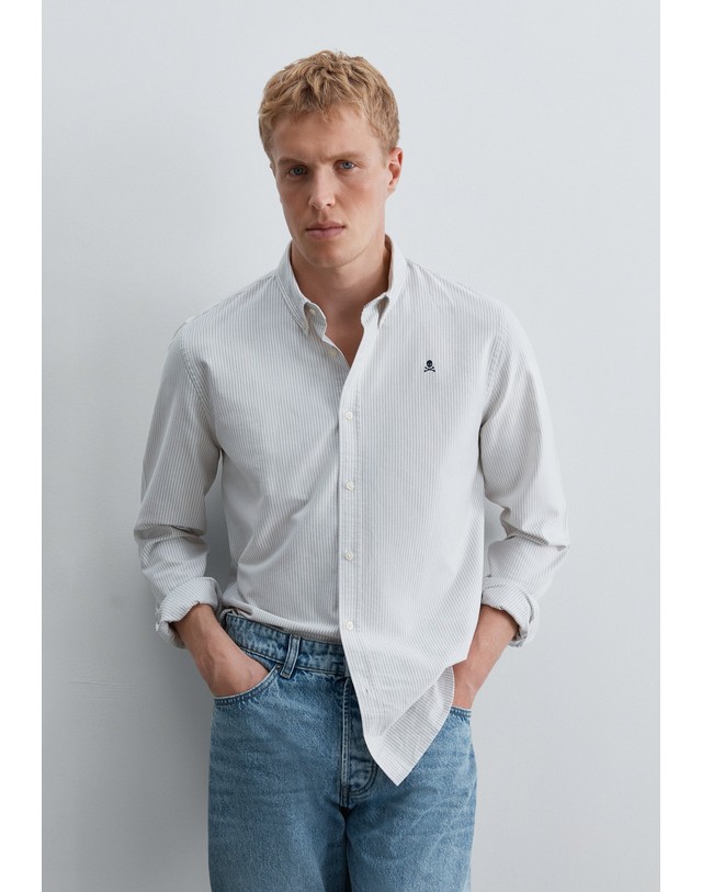 스칼퍼스 스캘퍼스 스트라이프 긴팔 옥스포드 셔츠 68913-scnew-oxford-bd-shirt-aw2627-taupestripes TAUPE STRIPES 그레이 착용컷