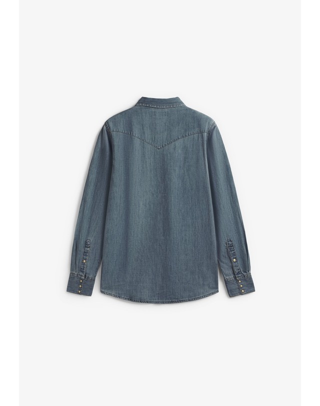 스칼퍼스 랭글러 웨스턴 스냅 버튼 긴팔 데님 셔츠 78434-western-shirt-core-ib-denim DENIM 블루 착용컷