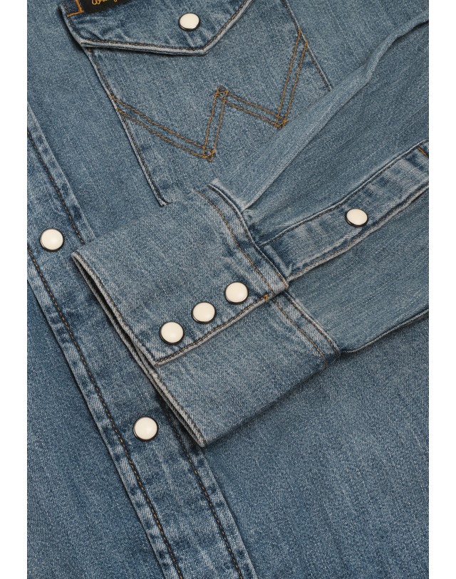 스칼퍼스 랭글러 웨스턴 스냅 버튼 긴팔 데님 셔츠 78434-western-shirt-core-ib-denim DENIM 블루 착용컷