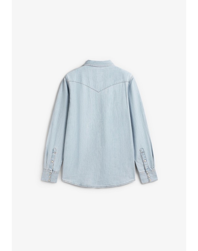 스칼퍼스 랭글러 스냅 버튼 포켓 웨스턴 데님 셔츠 78434 LIGHT DENIM 블루 착용컷