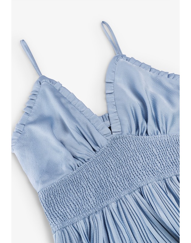 스칼퍼스 더쿠플스 플리츠 V넥 스트랩 롱 원피스 72566 LIGHT BLUE 블루 착용컷