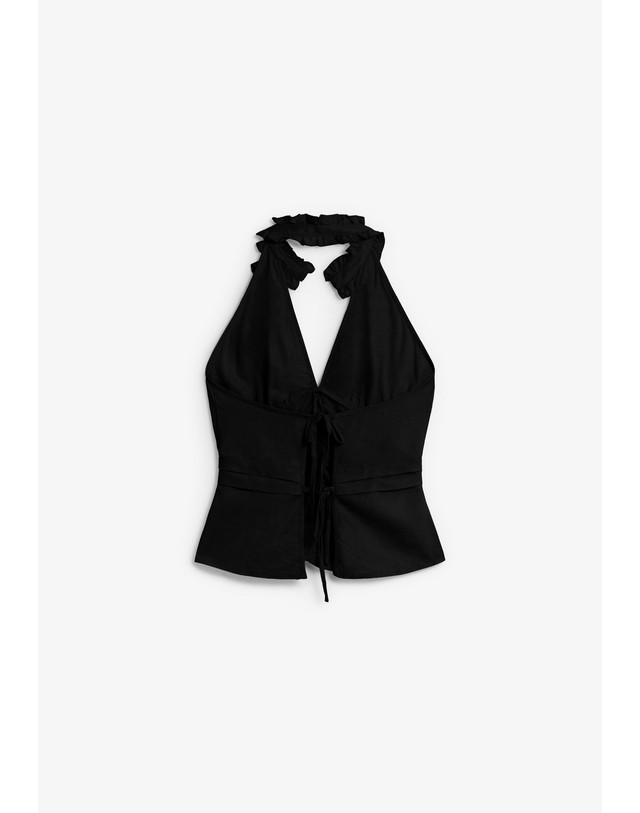 스칼퍼스 라감 러플 셔링 민소매 홀터넥 탑 68310 BLACK 블랙 착용컷