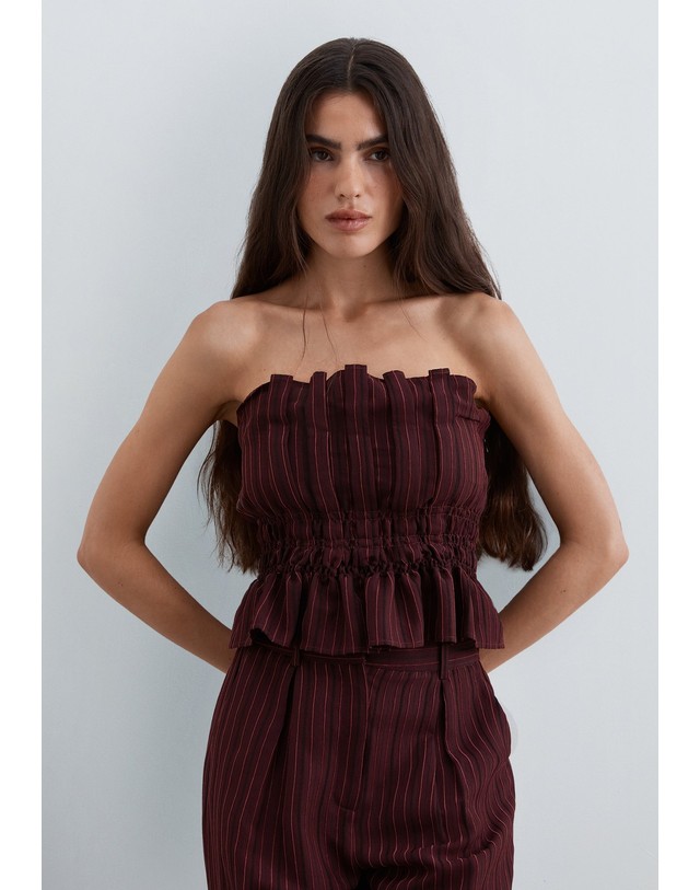 스칼퍼스 스캘퍼스 스트라이프 셔링 오프숄더 탑 72302 BURGUNDY STRIPES 레드 착용컷