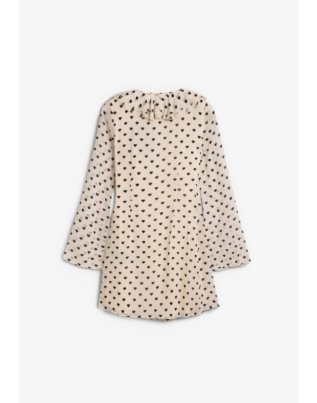 스칼퍼스 더쿠플스 프린트 러플넥 긴팔 미니 원피스 72570 WHITE/BLACK 아이보리 착용컷