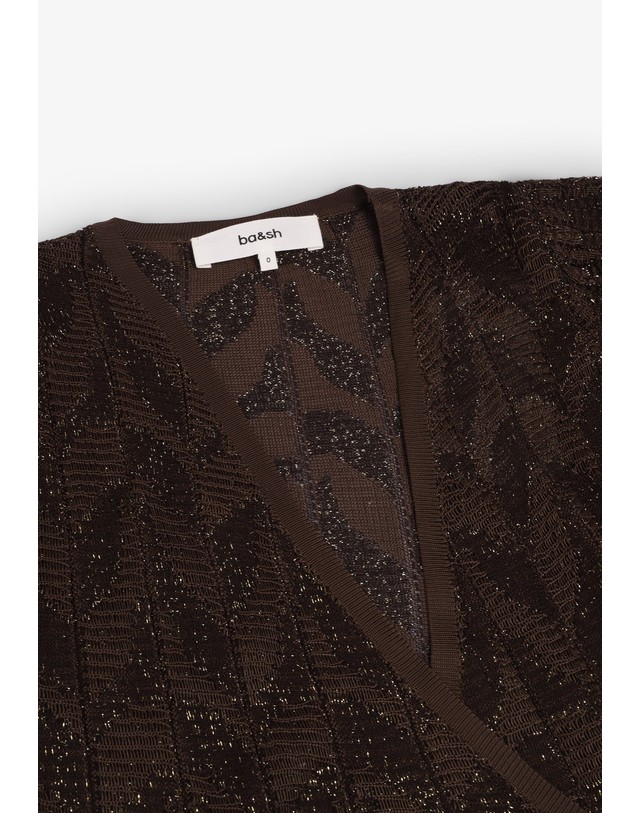 스칼퍼스 바쉬 자카드 브이넥 플레어 미디 원피스 68455 DARK BROWN 초콜릿 착용컷