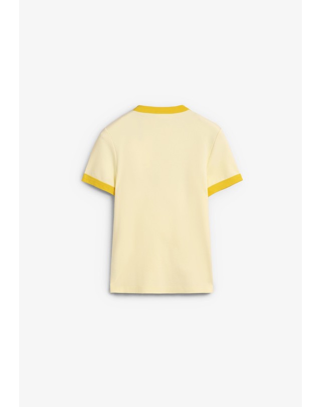 스칼퍼스 메종라비쉬 자수 링거넥 슬림핏 반팔 티셔츠 70737 YELLOW 노랑 착용컷
