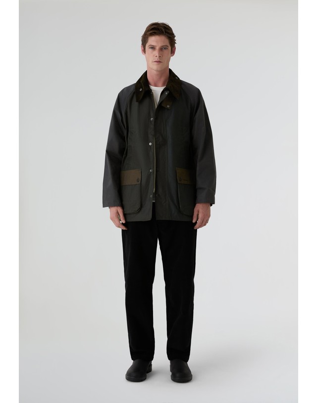 스칼퍼스 바버 오버핏 왁스 코튼 패치워크 자켓 65226 DARK GREEN 그린 착용컷
