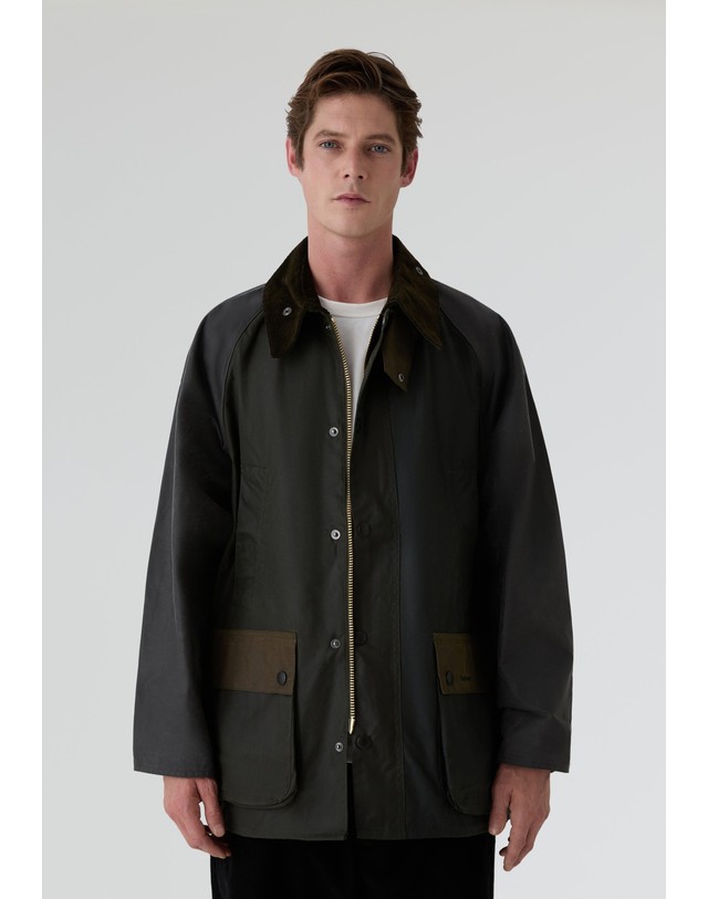 스칼퍼스 바버 오버핏 왁스 코튼 패치워크 자켓 65226 DARK GREEN 그린 착용컷