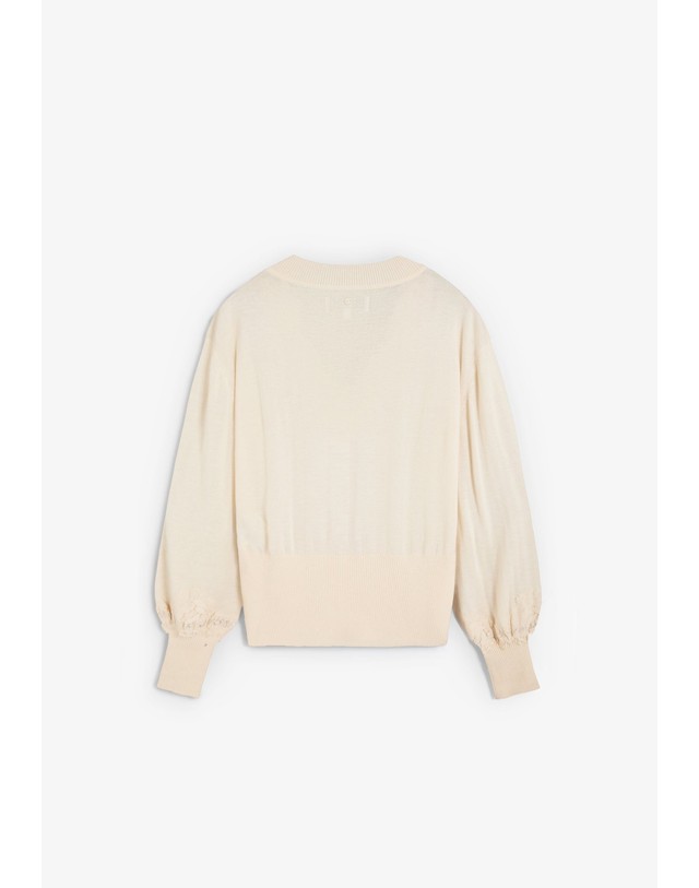 스칼퍼스 스캘퍼스 레이스 V넥 퍼프소매 니트 탑 72254 LIGHT CREAM 아이보리 착용컷