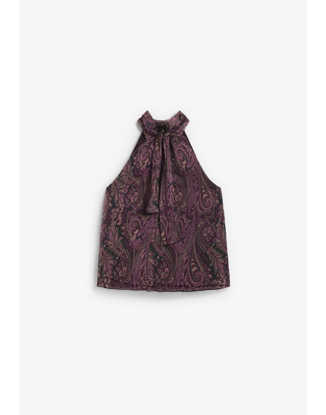 스칼퍼스 바이모 페이즐리 홀터 민소매 시폰 탑 78963 PURPLE 퍼플 착용컷