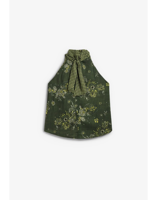 스칼퍼스 바이모 플로럴 체크 홀터넥 민소매 탑 78968 GREEN 그린 착용컷
