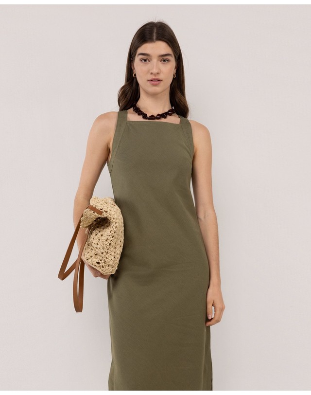 엘간소 엘간소 린넨 민소매 슬릿 롱 원피스 2060s260008 VERDE 카키 착용컷