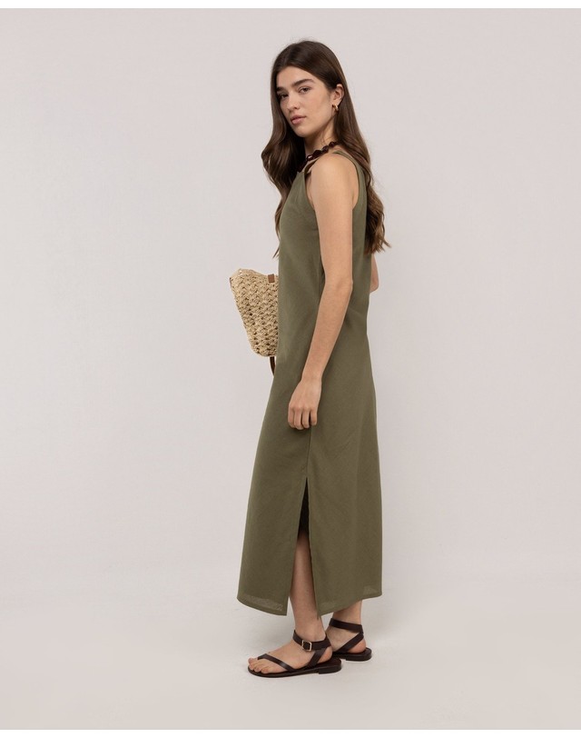 엘간소 엘간소 린넨 민소매 슬릿 롱 원피스 2060s260008 VERDE 카키 착용컷