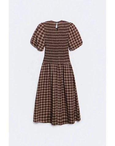 에세오에세 체크 퍼프 소매 미디 원피스 305609-1200 BROWN CHECKS
