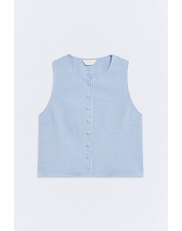에세오에세 깅엄 체크 민소매 버튼 크롭 탑 305546-1070 DUSTY BLUE