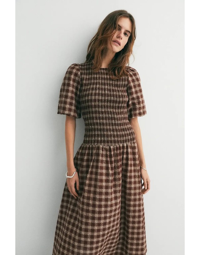 에쎄오에쎄 에세오에세 체크 퍼프 소매 미디 원피스 305609-1200 BROWN CHECKS 브라운 착용컷