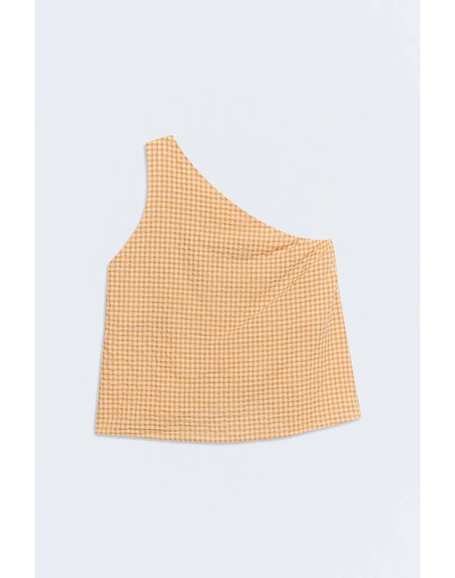 에쎄오에쎄 에세오에세 체크 원숄더 크롭 탑 305052-1080 BROWN CHECKS 오렌지 착용컷