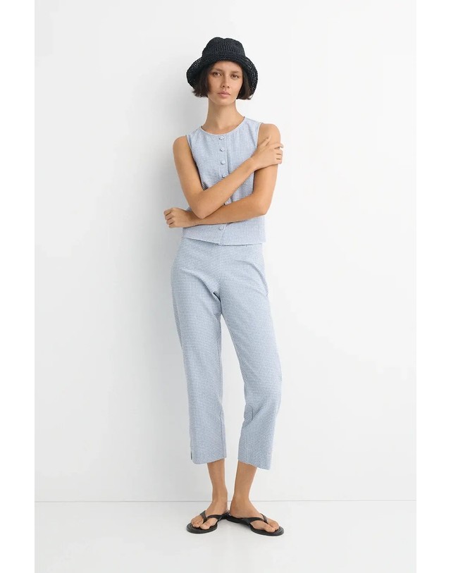 에쎄오에쎄 에세오에세 깅엄 체크 민소매 버튼 크롭 탑 305546-1070 DUSTY BLUE 블루 착용컷