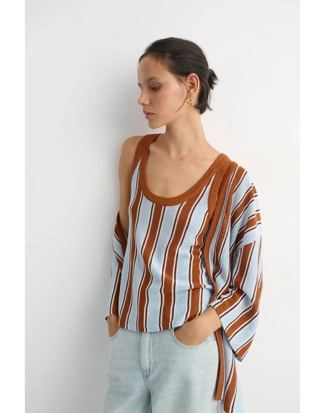 에쎄오에쎄 에세오에세 스트라이프 민소매 니트 탑 304931-1080 CARAMEL STRIPES 멀티컬러 착용컷