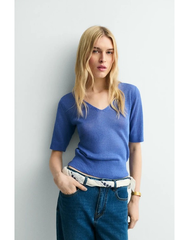 에쎄오에쎄 에세오에세 린넨 브이넥 반팔 니트 스웨터 304588-1070 REGATA BLUE 블루 착용컷