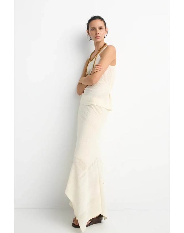 에쎄오에쎄 에세오에세 린넨 혼방 오픈워크 미디 스커트 304948-1010 OFF WHITE 아이보리 착용컷
