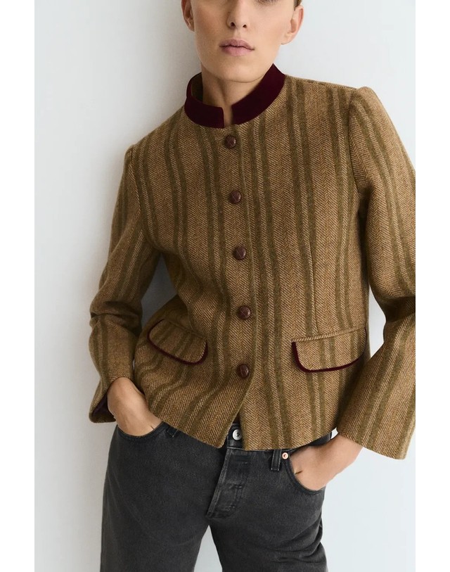에쎄오에쎄 에세오에세 울 마오칼라 벨벳 트림 자켓 305270-1170 KHAKI STRIPES 카키 착용컷
