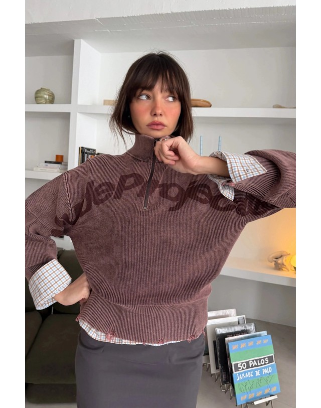 누드 프로젝트 누드프로젝트 박시 쿼터집업 코튼 니트 스웨터 6842 BROWN 브라운 착용컷