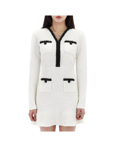 [명품] 25SS 셀프포트레이트 펄 트림 니트 미니 원피스 RS25087SW WHITE
