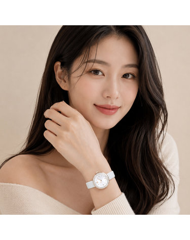 스와로브스키 매트릭스 크리스탈 화이트 가죽 샴페인 골드 톤 여성 시계 5710103