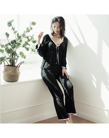 모달 브라캡 긴소매 화이트리본 투피스 홈웨어 블랙