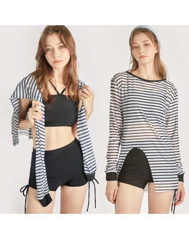 셔링 블랙 스트라이프 체형커버 3pcs 수영복