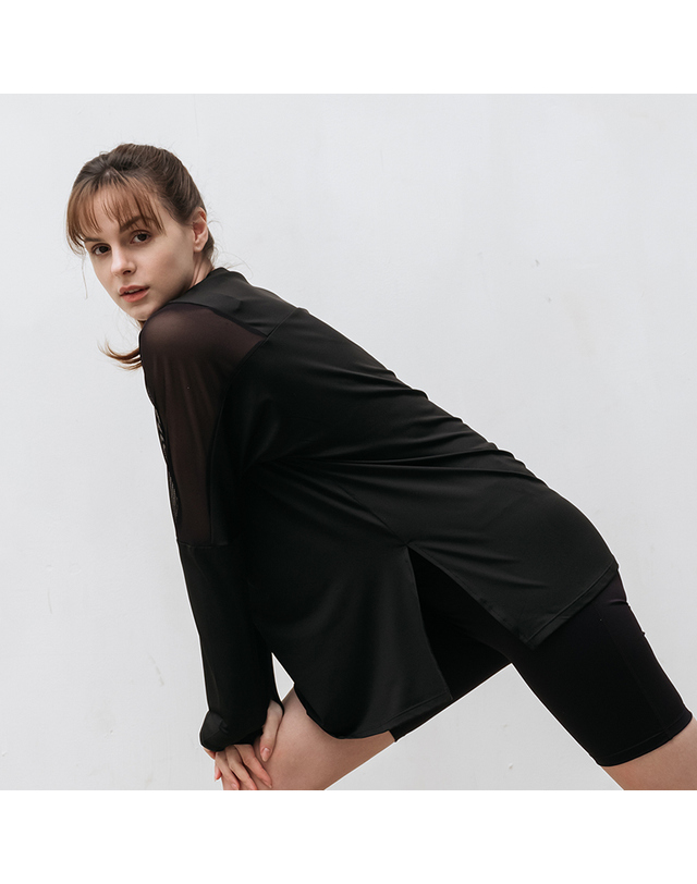 림드 매쉬 요가 루즈핏 긴팔 롱티 블랙 2size 착용컷