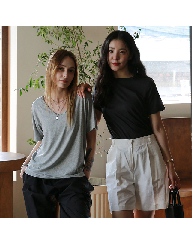 림드 심플 라운드 모달 일자핏 반팔 티셔츠 10 color 착용컷