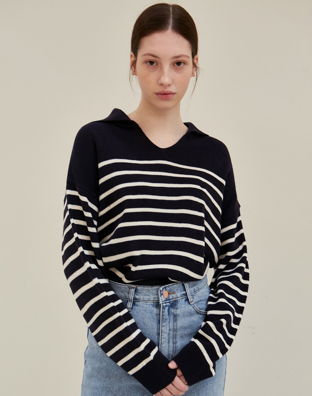 얀13 SAILOR COLLAR STRIPE KNIT_IVORY 착용컷