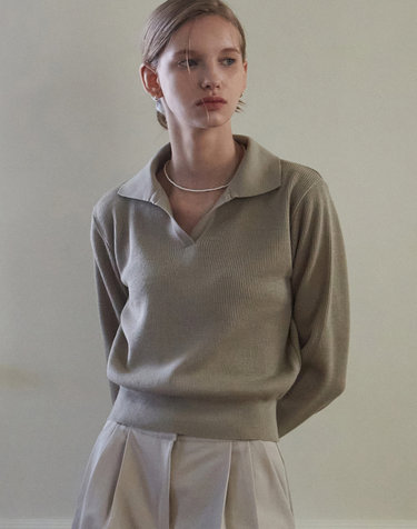 BASIC OPEN COLLAR KNIT_KHAKI BROWN