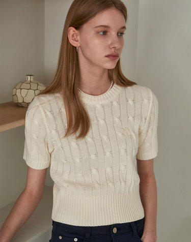 LOGO CABLE SHORT SLEEVE KNIT_IVORY