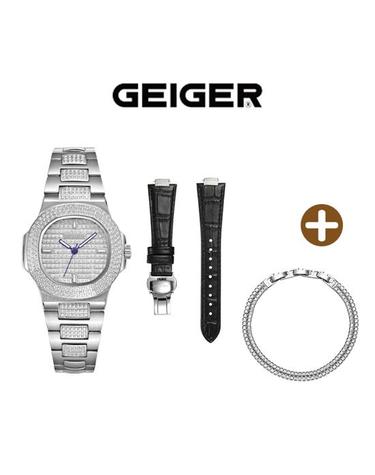 가이거 [GEIGER] 가이거 레이나 GE2005_실버 프리미엄 메탈+가죽밴드 호환 시계+인그레이빙 팔찌+테니스 두줄팔찌