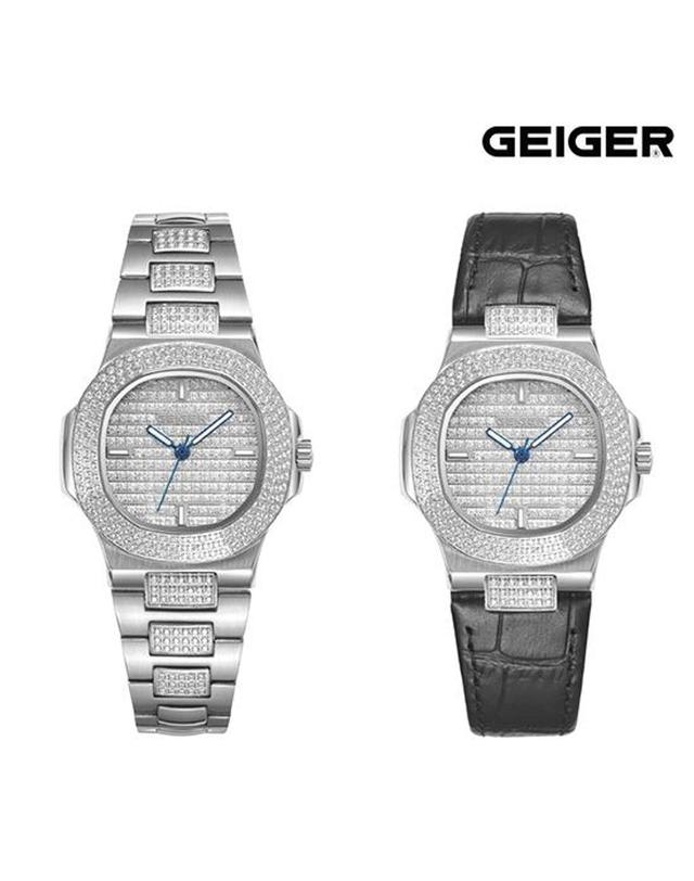 가이거 [GEIGER] 가이거 레이나 GE2005_실버 프리미엄 메탈+가죽밴드 호환 시계+인그레이빙 팔찌+테니스 두줄팔찌 착용컷