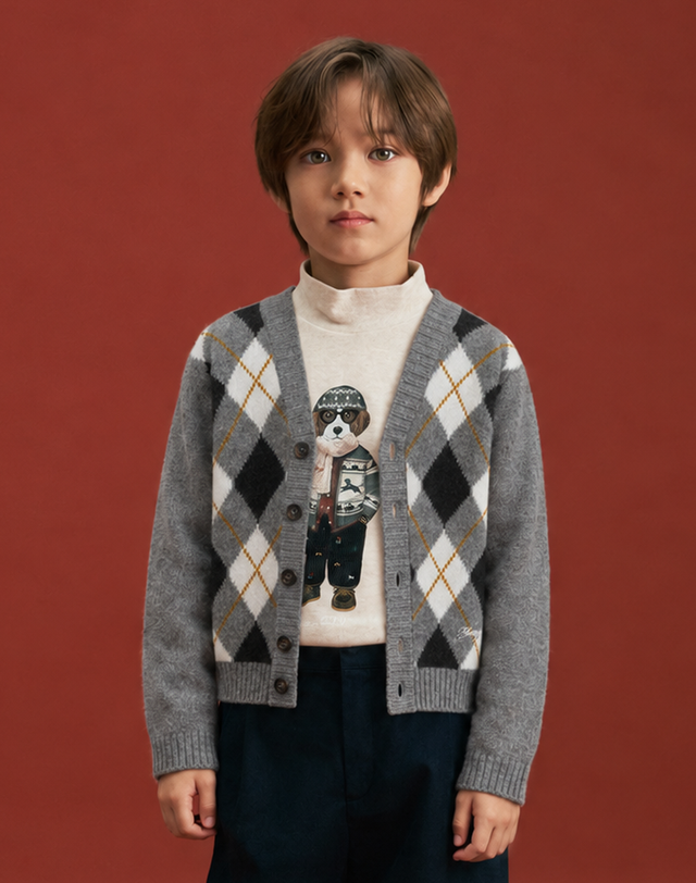 헤지스 키즈 [KIDS] 아가일 V 넥 가디건 그레이 상세