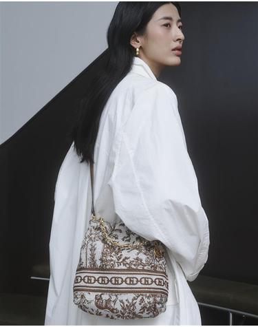[H.Toile] 시그니처 H 뜨왈 브라운 자카드 체인 호보 숄더S