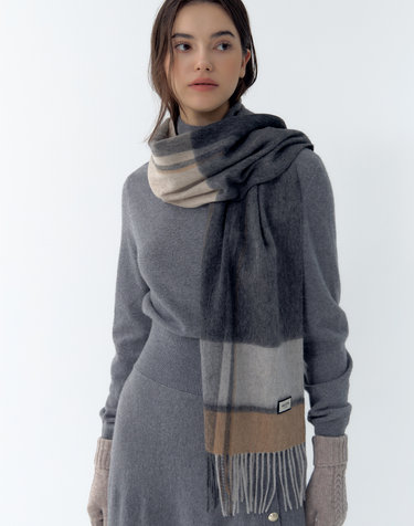 [Cashmere Blended] 그레이 체크 캐시미어혼방 머플러