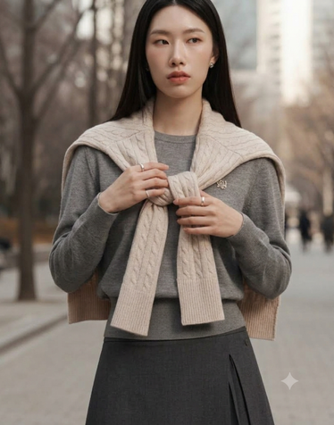 베이지 짜임 울캐시미어혼방 머플러 숄가디건