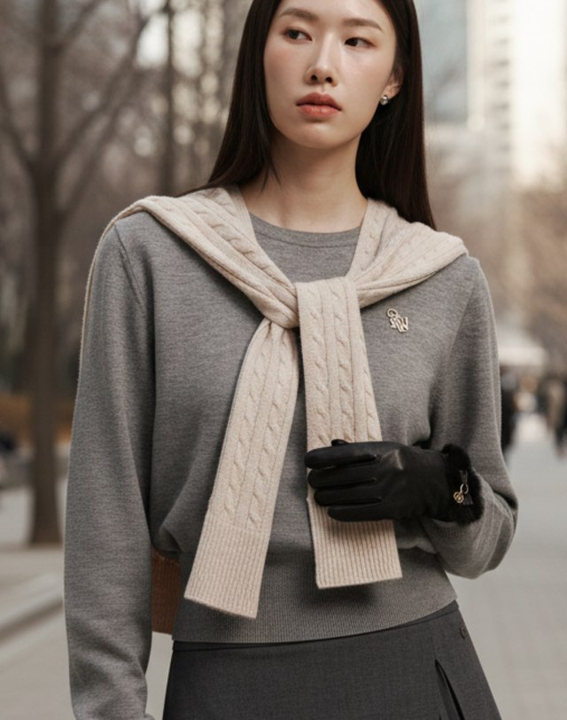 헤지스 액세서리 베이지 짜임 울캐시미어혼방 머플러 숄가디건 상세