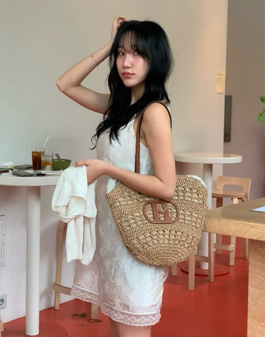 [H20] 시그니처 H  레더 패치 라피아 숄더백 L (파우치SET)