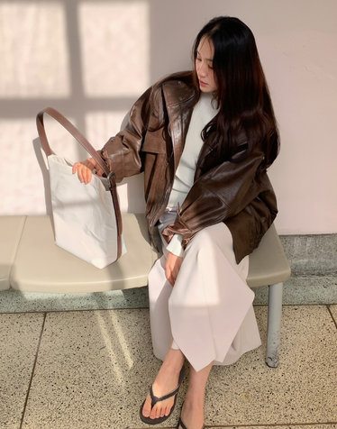 [H-Nuve] 누베 H 나일론 아이보리 레더콤비 호보 숄더백 L
