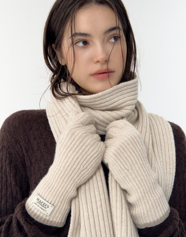 [스마트폰 터치][Cashmere Blended] 라이트베이지 라인배색 캐시미어혼방 핑거홀 장갑