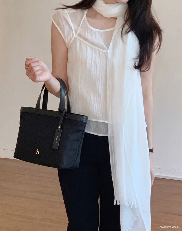 헤지스 액세서리 [주목아이템] 나일론 블랙 퍼피 토트백 착용컷